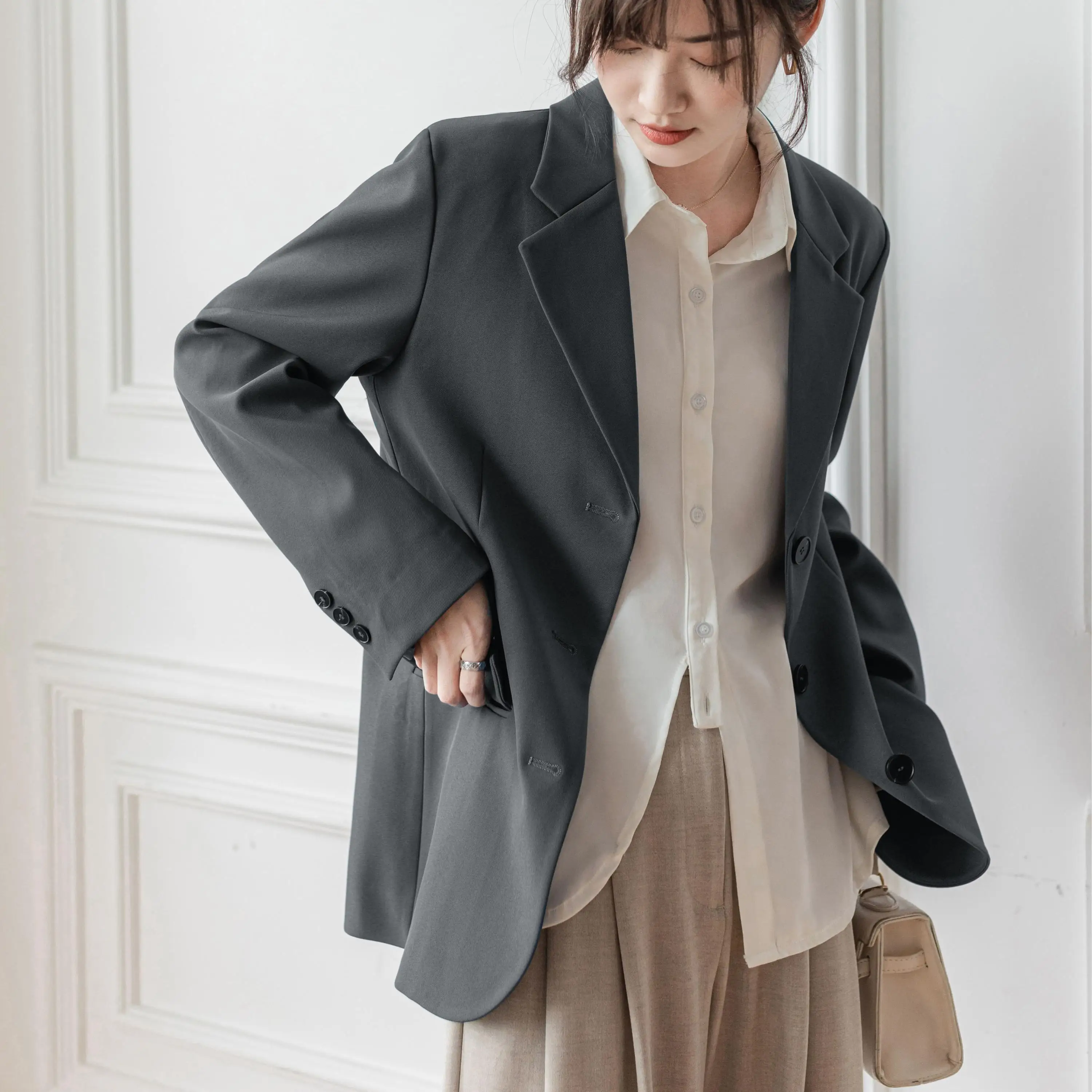 

Harajuku Style Loose Outerwear Women Casual Solid Suit Jacket Spring Summer Female Jacke Elegant Chic Single-breasted Blazer