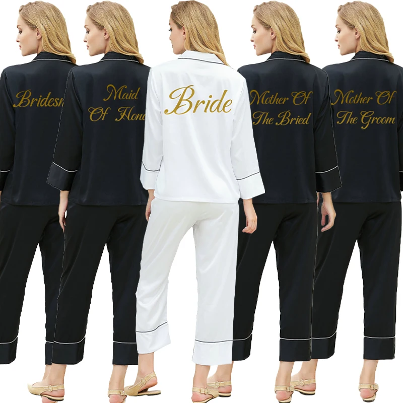 

silk satin solid pajamas for women custom sleepwear wedding pajamas set home dress lettering nightwear black silk pajama