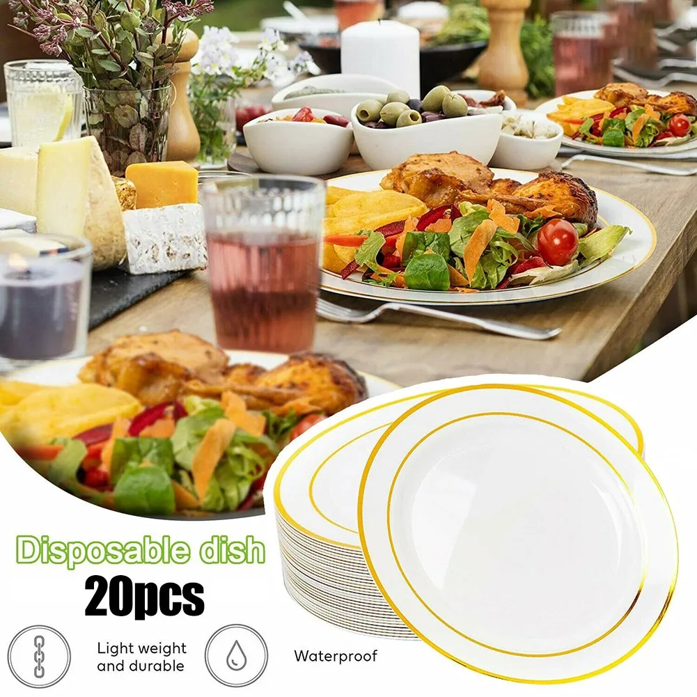 

20pcs Disposable Tableware Baroque Transparent Golden Plastic Plate Silverware With Glitter Suitable For Weddings Party Supplies