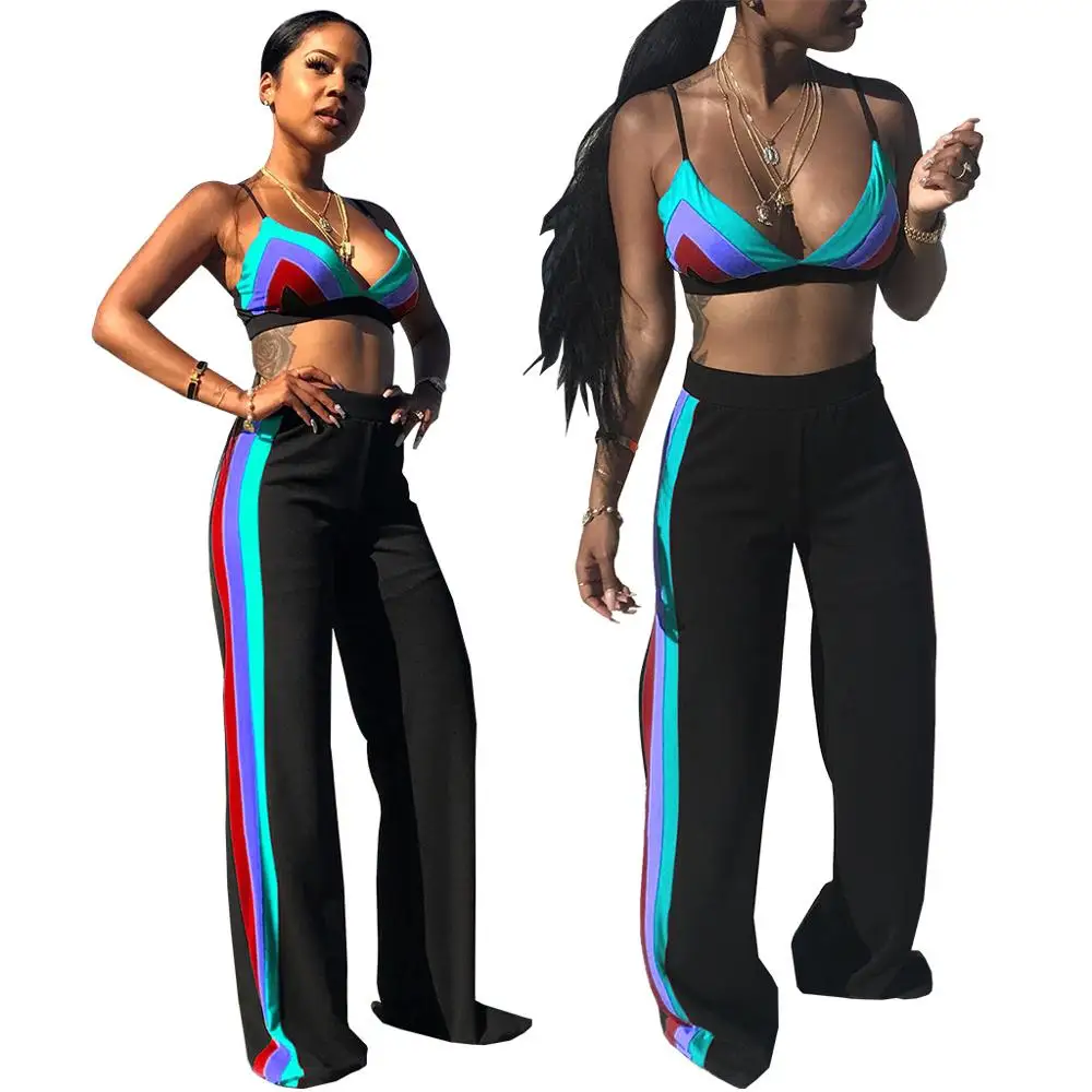 

Женский спортивный костюм из топа и прямых брюк, летний комплект из двух предметов с красочным полосатым принтом, укороченный топ на бретел...