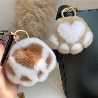 mini plush cat paw keychains furry rex rabbit fur key rings hanging pendant key holder charm bags decor ornaments car trinket