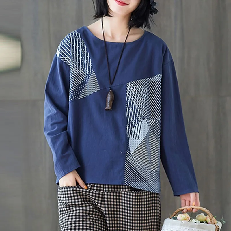 

Женские повседневные футболки из хлопка и льна, свободные женские топы в простом стиле с винтажным пэчворком и принтом, S2948, весна 2021