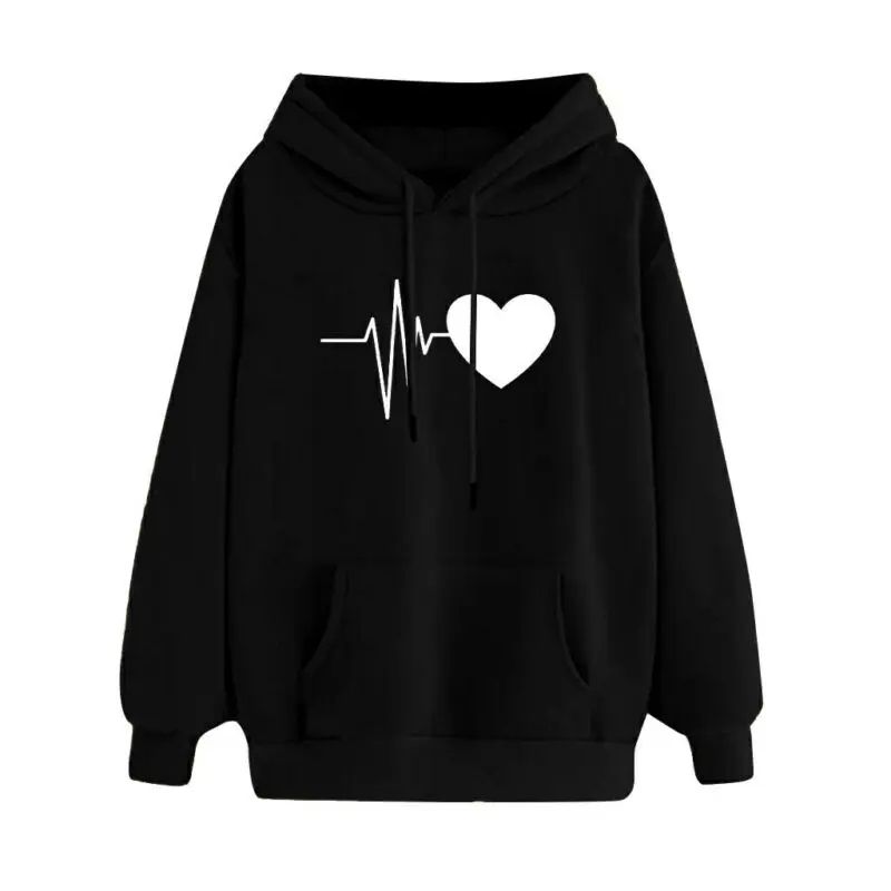 Women's Hoodie Sweatshirt Solid Colors Hooded Pullover Female Casual Long Sleeve Heart Print Pullover Outfits Plus Size 3XL