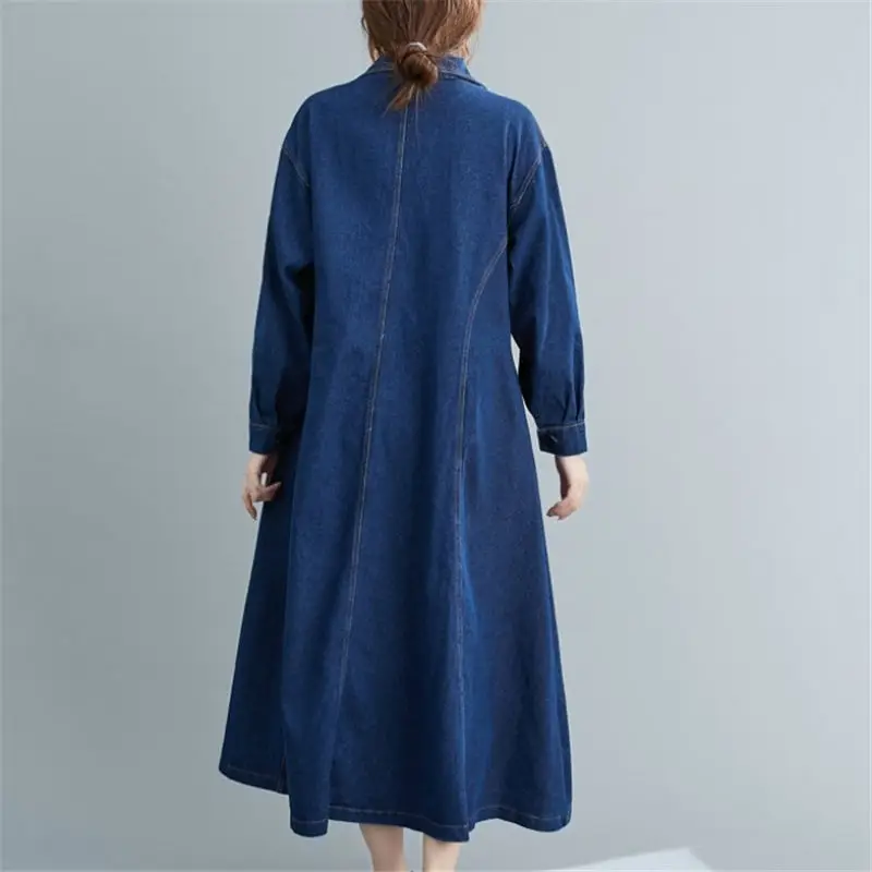 

Plus Size Women's Autumn Spring Denim Trench Coat Loose Casual Suit Collar Long Fashion Jeans Windbreaker With Belt 2021