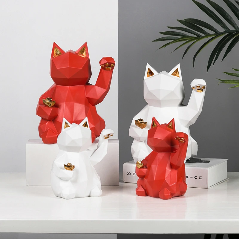 

Geometric Lucky Cat Sculpture Natural Resin Crafts Christmas Day Gift Table Furnishings
