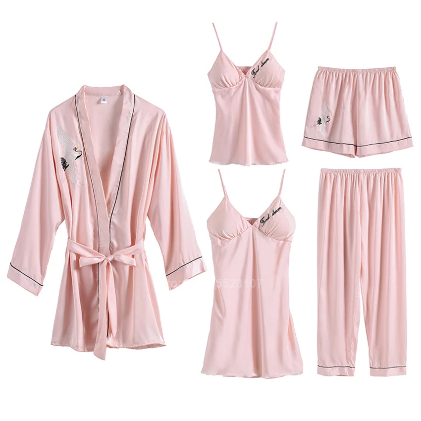 Комплект пижамный женский атласный из 5 предметов шелковая ночная рубашка с
