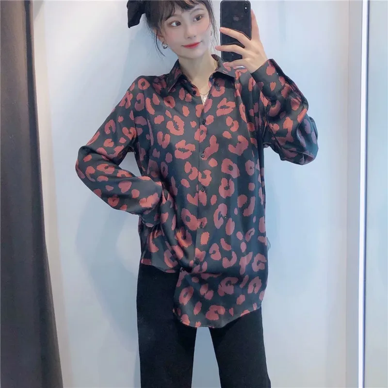 

2020 Za Vintage Animal Print Satin Shirt Women Long Sleeve Lapel Collar Long Top Female Chic Front Button Large Size Shirts