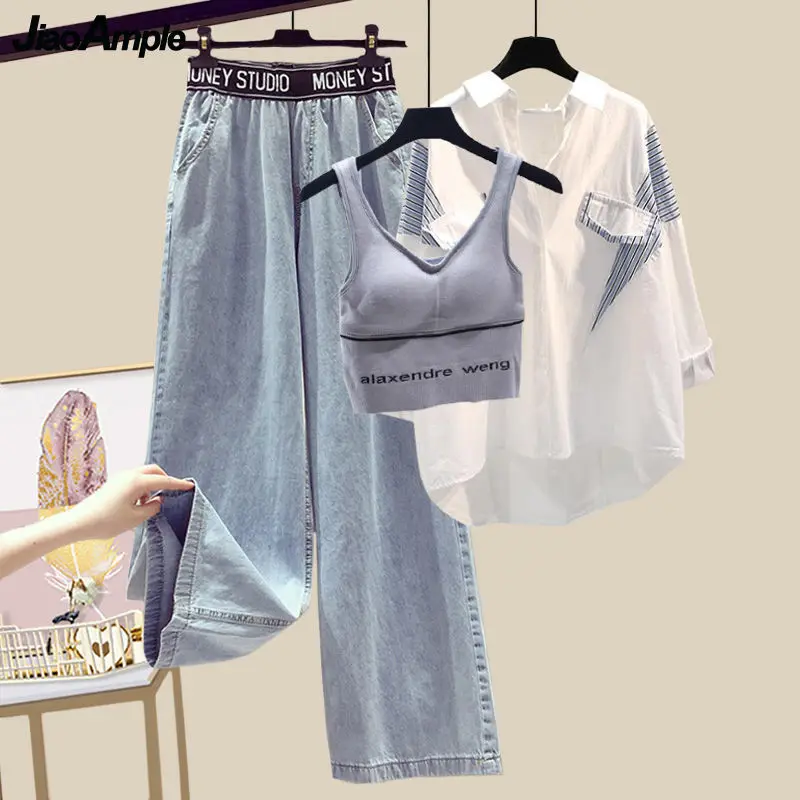Women's Fashion 3 Pcs Clothing Set Summer 2022 Casual Joker Loose Shirt+Vest+High Waist Denim Pants Suit Lady Trendy Streetwear