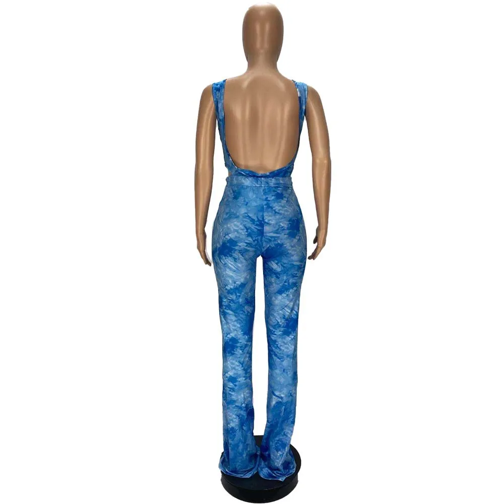 

Women's Tie-Dye Printed Bodysuit Flare Pant Two-Piece Set 2020 Autumn New Casual Suit European and American Clothing