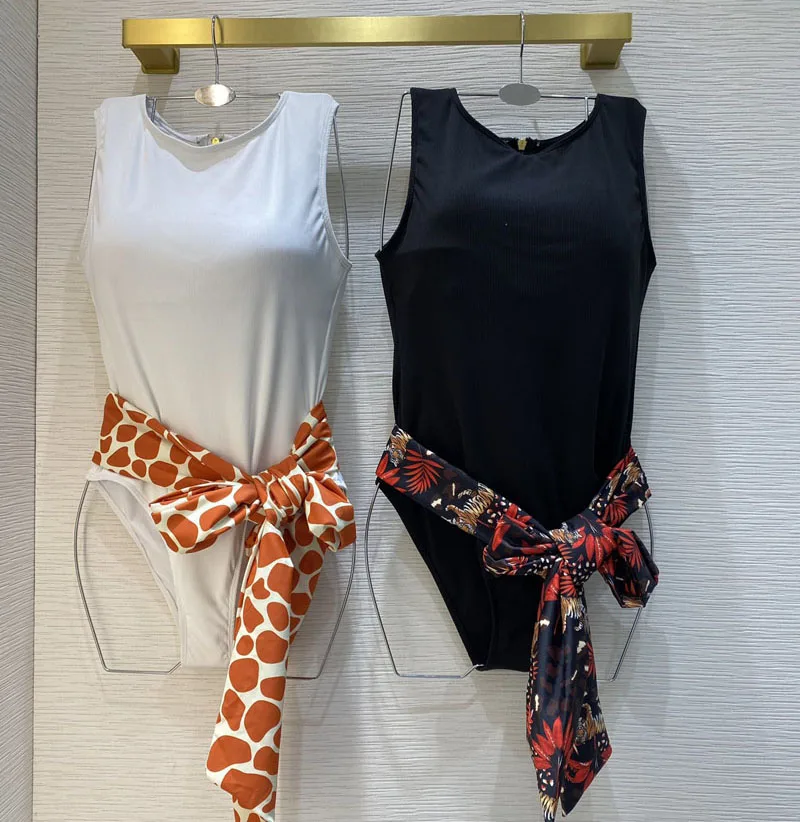 

2021 women Summer holiday o-neck sleeveless zipper Bodysuits Sexy push up Rompers swimsuit one-piece suit with print scarf y419