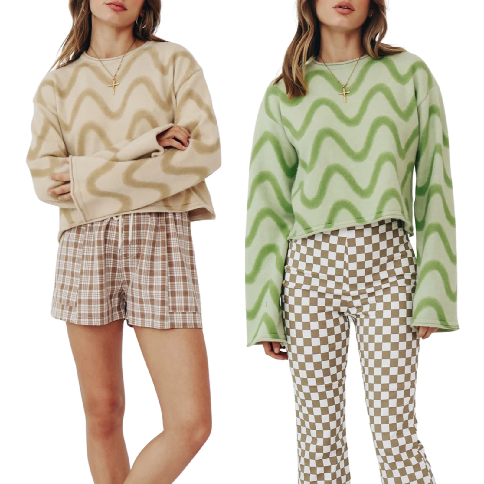 

Autumn Winter 2021 Women Sweaters Stripes Printed Knit Pullovers Fashion Long Sleeve Round Neck Relaxed Fit Sweater