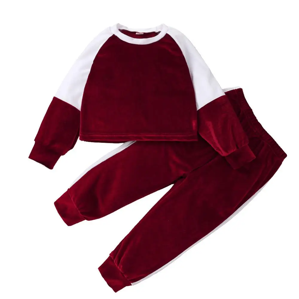 

2020 Winter Children Sets Casual Long Sleeve Patchwork T-Shirt Red Trousers Cute 2Pcs Girls Boys Clothes Sets 2-6T