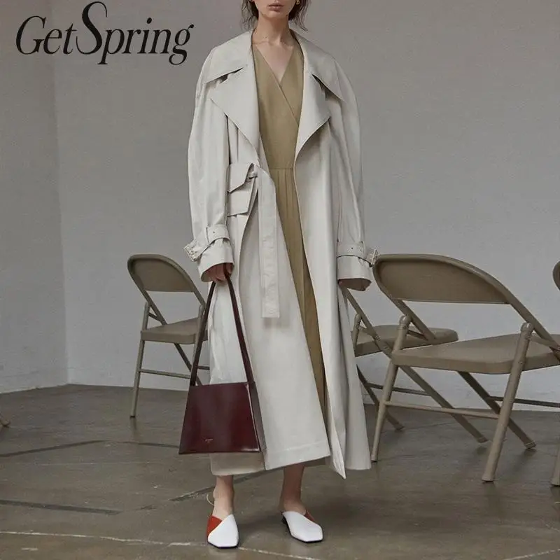 Getвесенний Женский Тренч Бандажное пальто с отложным воротником зеленый