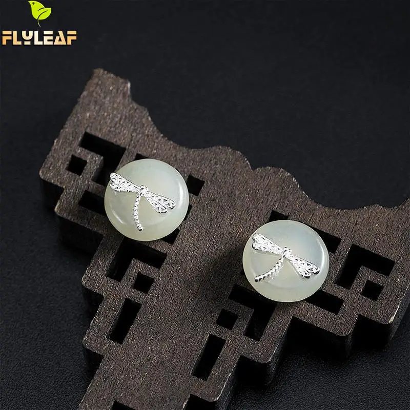 Висячие серьги-гвоздики из стерлингового серебра 925 пробы с круглой Нефритовой