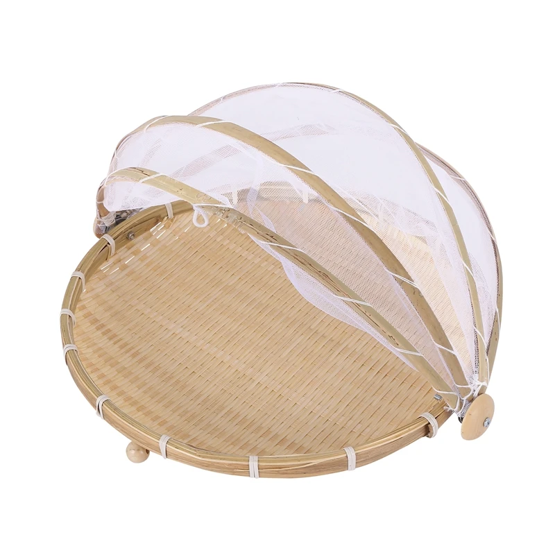 

1Pc Hand Woven Bug Proof Basket Dustproof Picnic Basket Handmade Fruit Vegetable Bread Cover Wicker Basket With Gauze