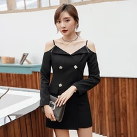 yigelila new arrivals black dress spaghetti strap backlees sexy dress double breasted full sleeves button solid dress 65356