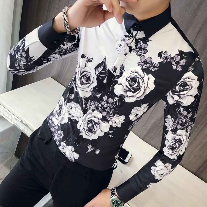 

2021 New arrival fashion style Rose Shirt Men Shirt Patterns Hombre Button Up Men Long Sleeve Slim Fit Wedding Club Party shirt