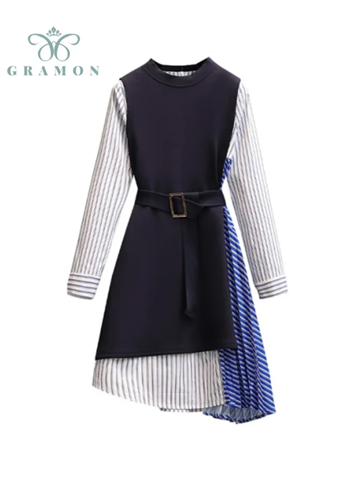 

Shirt Dress Suits Fashion Plus Size Women Clothing O Neck Chic Spliced Dress And Vest Two Piece Sets Spring Conjuntos De Vestido