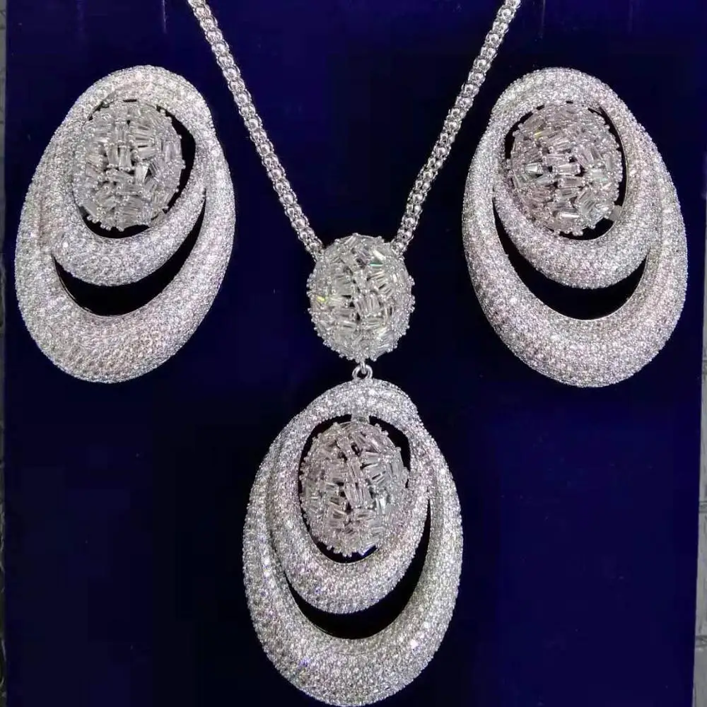 Silver Set GODKI роскошный эксклюзивный Круглый комплект из сережек и ожерелья для женщин Свадебные кубические циркония Дубай высококачественные ювелирные украшения набор - Окраска металла: Silver Set