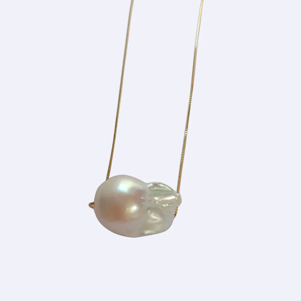 

18 inch 925 silver box chain pendant necklace,100% nature freshwater near-big baroque pearl ,18k gold plating