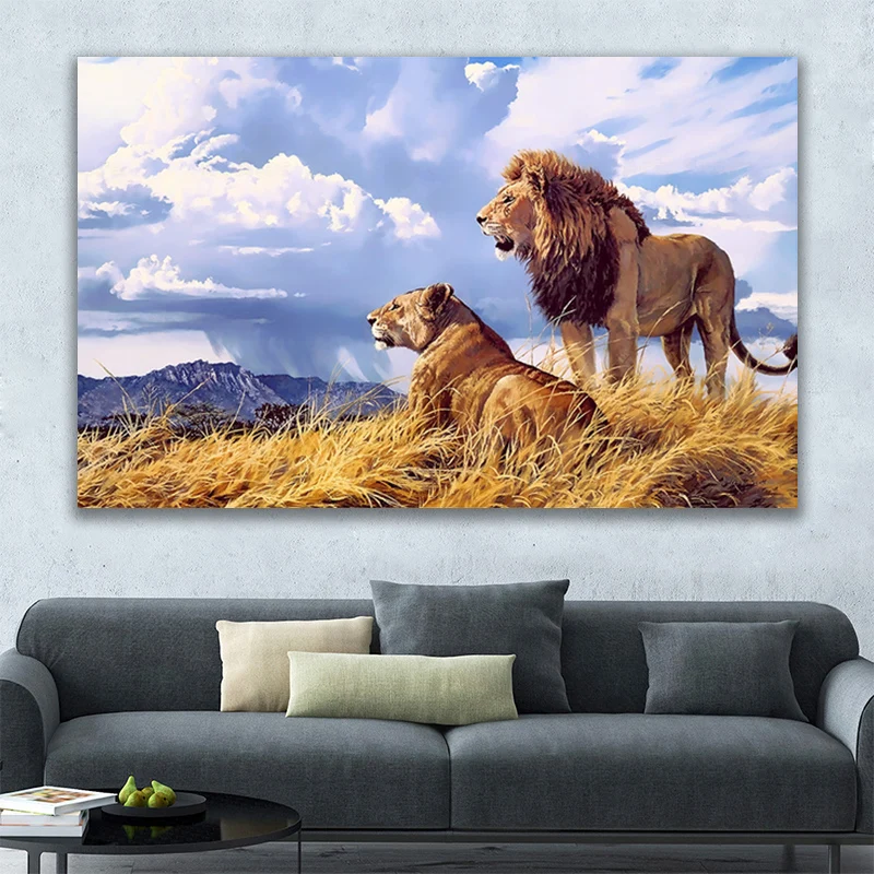 

Modern Steppe Animal Two Lions Oil Painting on Canvas Posters and Prints Cuadros Wall Art Pictures for Living Room Decoration