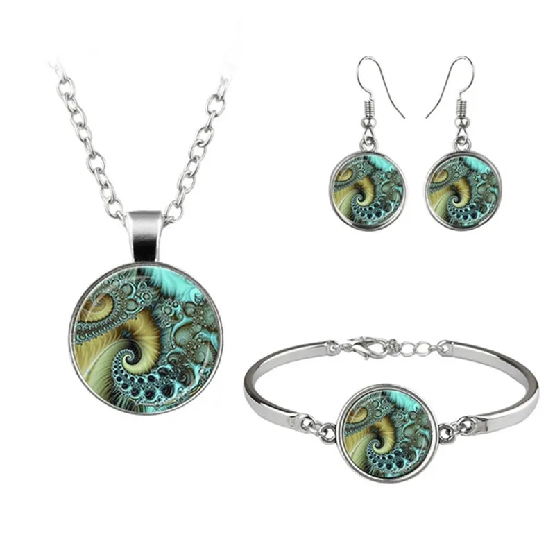 

Unique Buddhism Mandala OM Jewelry Set Cabochon Glass Pendant Necklace Earring Bracelet Totally 4 Pcs for Women's Fashion Gifts