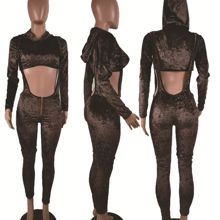 

Best Style Women Sexy Sets Hooded Collar Long Sleeve Skinny Crop Tops + High Waist Zipper Bodycon Overalls Pants Outfits Party
