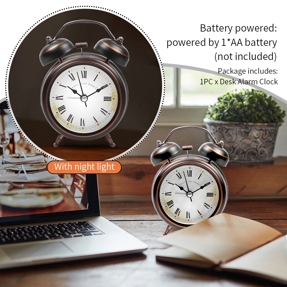 

3 Inch Mute Silent Pointer Alarm Clock Classical Bell Table Home Decor European Retro Night Light Student Bedside Loud Bedroom