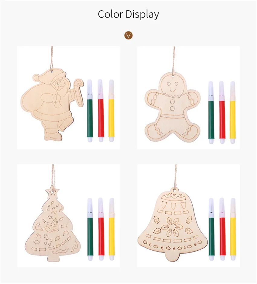 5pcs Wooden Kids DIY Color Painting Christmas Ornaments Cute Santa Claus Graffiti Art Crafts Toys Pendants Xmas Tree Decoration