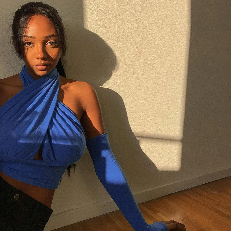 

2021 Sexy Criss-Cross Backless Halter Crop Tops Women Streetwear Black Blue Sleeveless Tank with Gloves Spring Summer Clothes