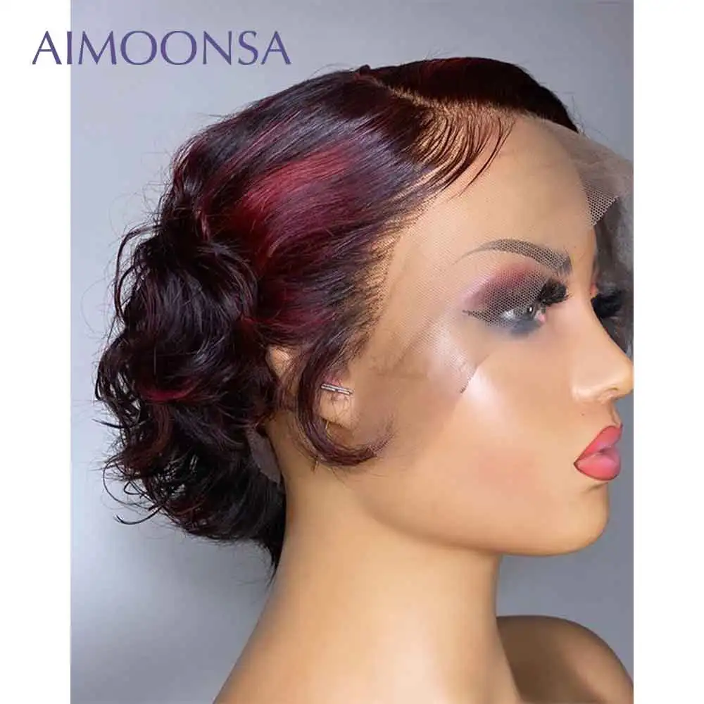 Короткий боб парик с красной подсветкой свободные глубокая волна Пикси