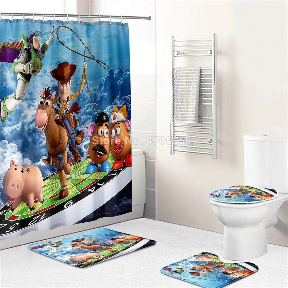 

The New Disney Toy Story Bathroom Shower Curtain Set Toilet Cover Non-Slip Bath Mat Rug Waterproof Bath Drapes Home Decor