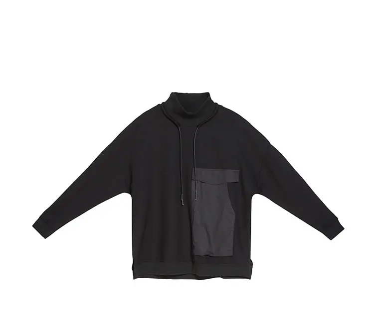 black WQR2009 XITAO/Прямая футболка на шнурке для женщин, корейская мода, новая водолазка, Лоскутная, осень, Лоскутная, карманная, Повседневная футболка WQR2009 - Цвет: black WQR2009