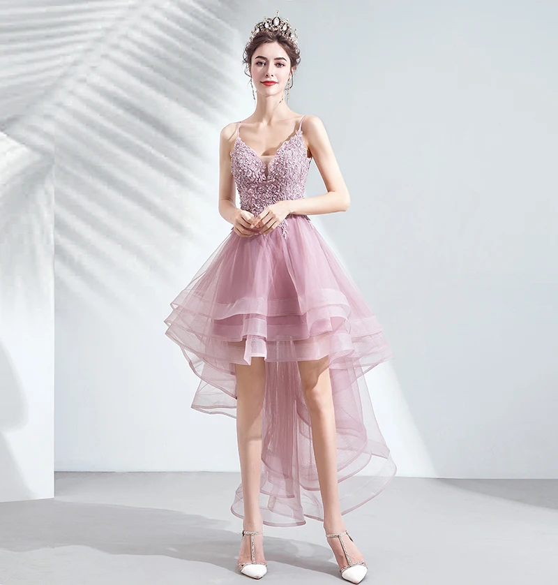 

Платья для выпускного вечера 2020 розовые сетчатые Асимметричные Аппликации на тонких бретельках Элегантные вечерние платья без рукавов с б...