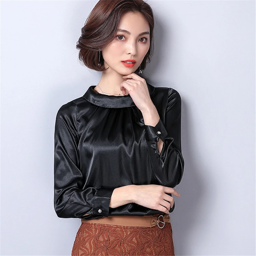 Женская атласная рубашка винтажная Деловая блузка из искусственного шелка с