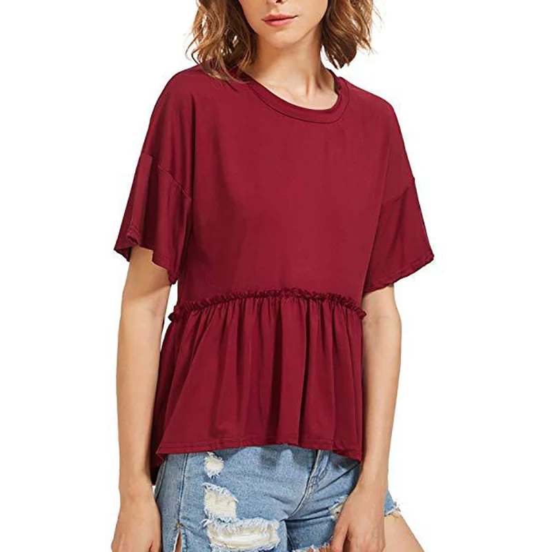Женская хлопковая Футболка с оборками и коротким рукавом туника круглым вырезом