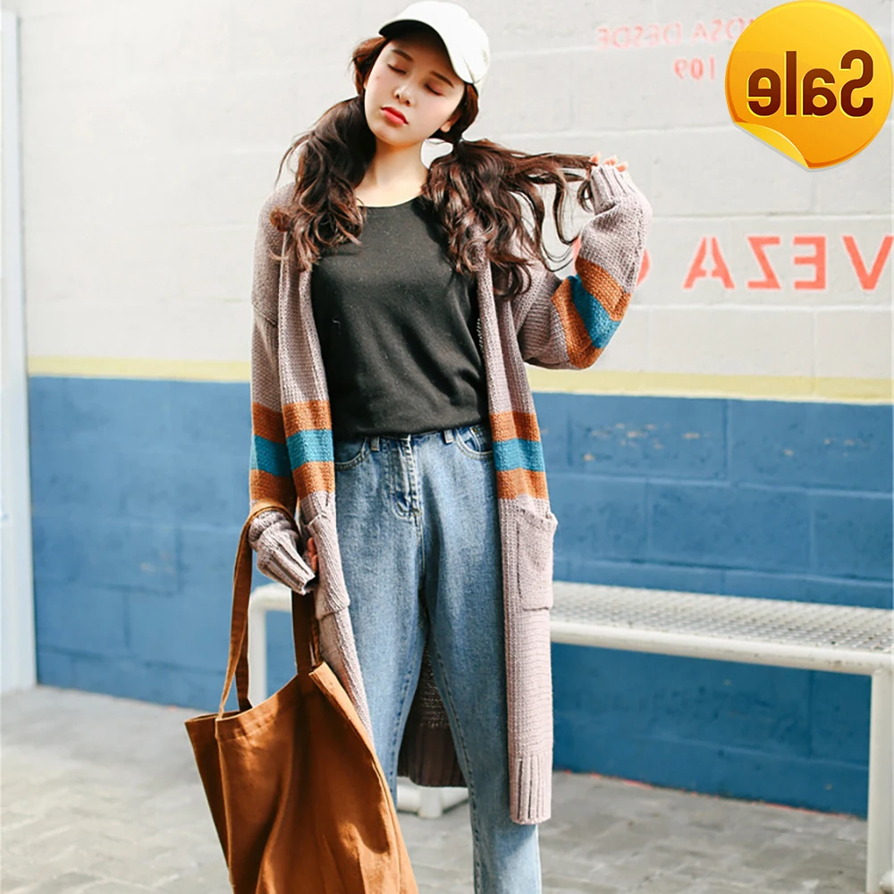 

women's lady's size pocket long sweaters autumn winter cotton loose striped o neck elasticity soft cardigan sweater