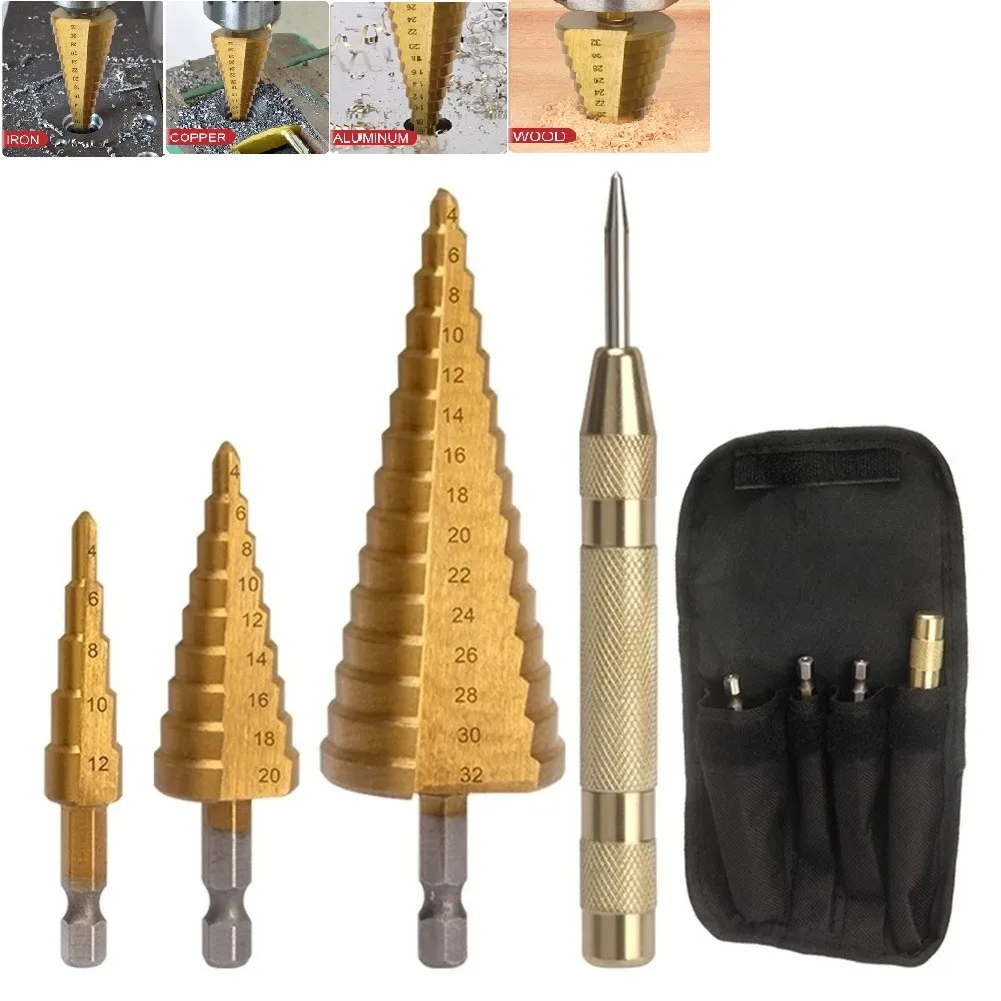 4PCS Titanium Step 4-12/20/32mm Drill Bit Set W Automatic Center Punch High Speed Steel With Automatic Kerner Drill Tools