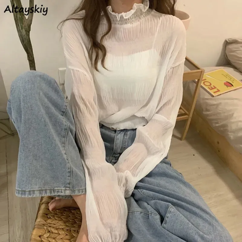 Blouses Women Pure Turtleneck All-match Stylish Casual Artistic Newest Korean Style Mujer Popular Clothes College Spring Classy