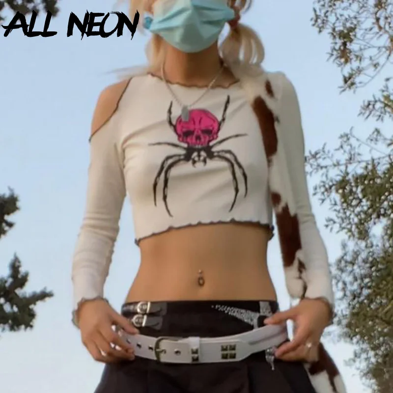 

ALLNeon E-girl Aesthetics Cute Spider Print Crop Tops Y2K Grunge Punk Open Shoulder Long Sleeve Lettuce Trim White T-shirts Slim
