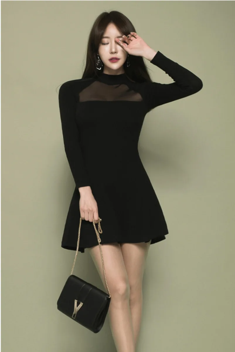 

Solid Illusion High Neck Sexy Bodycon Dress Long Sleeve Basic Autumn Spring 2020 Mini Club Black Cocktail Dress Women Vestidos