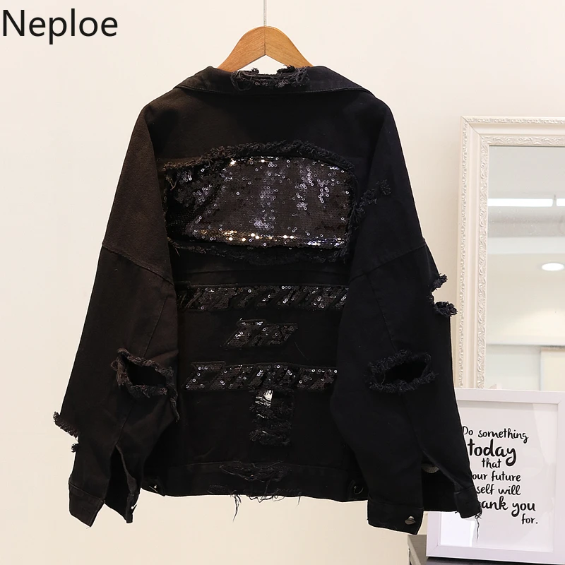 Neploe женские Harajuku джинсы в стиле стрит куртки с надписью блесток бомбер пальто женские потертые рваные красные черные джинсовые куртки
