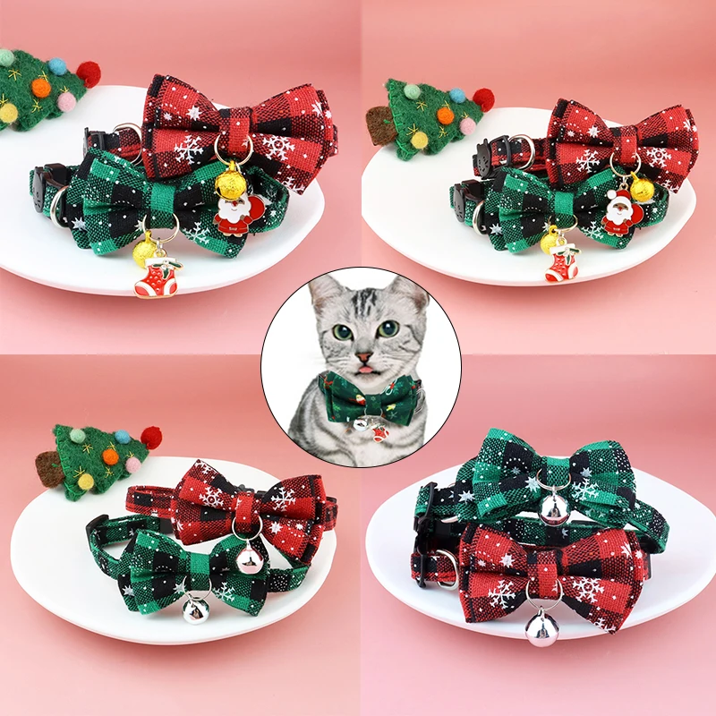 

Pet Breakaway Cat Collar Bow Tie and Bell Cute Plaid Christmas Red Elastic Adjustable Dog Collar With Sash Small Bell For Cats