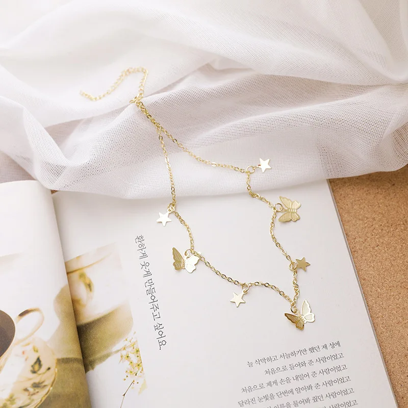 

Fairy Vintage Gold Color Metal Butterfly Necklace Retro Star Chains Pendant Choker Necklaces for Women Wedding Party Jewelry