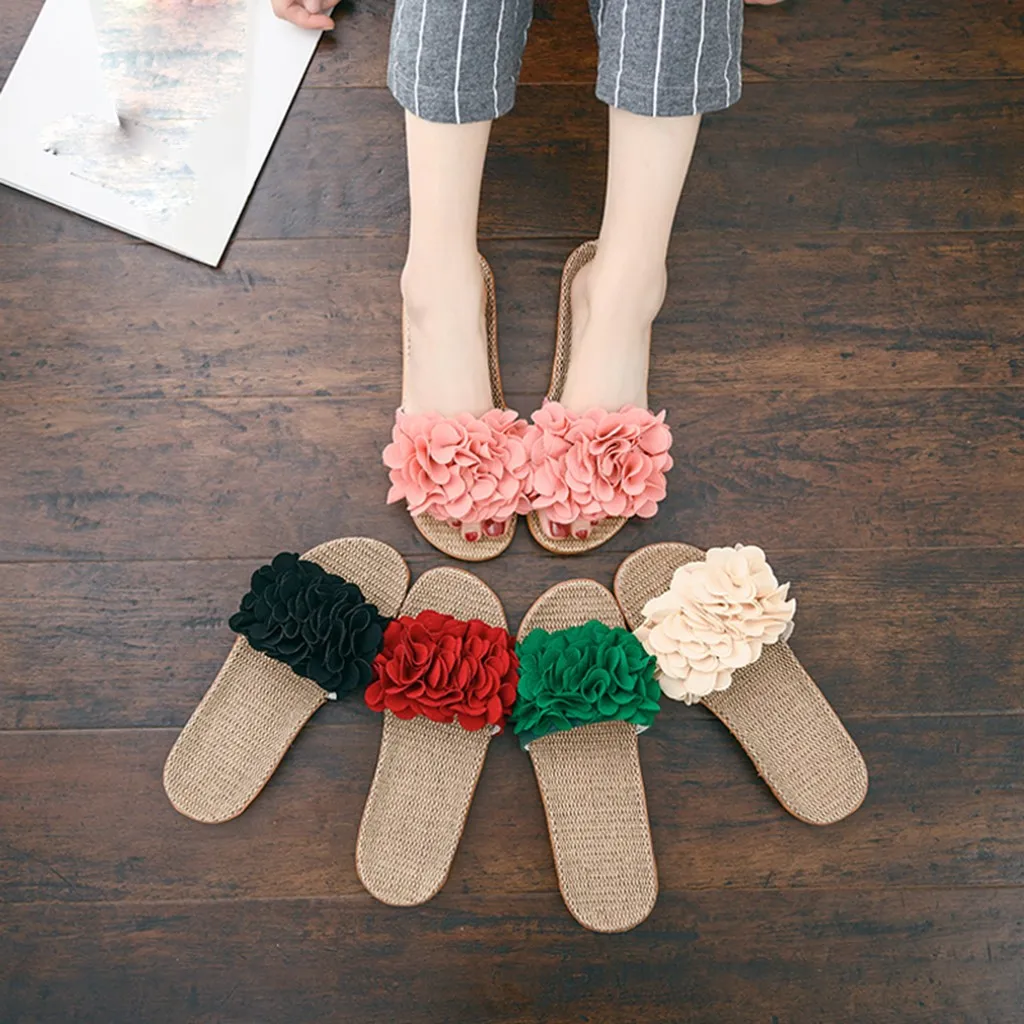 Домашние женские летние льняные шлепанцы с цветочным рисунком пляжные сандалии