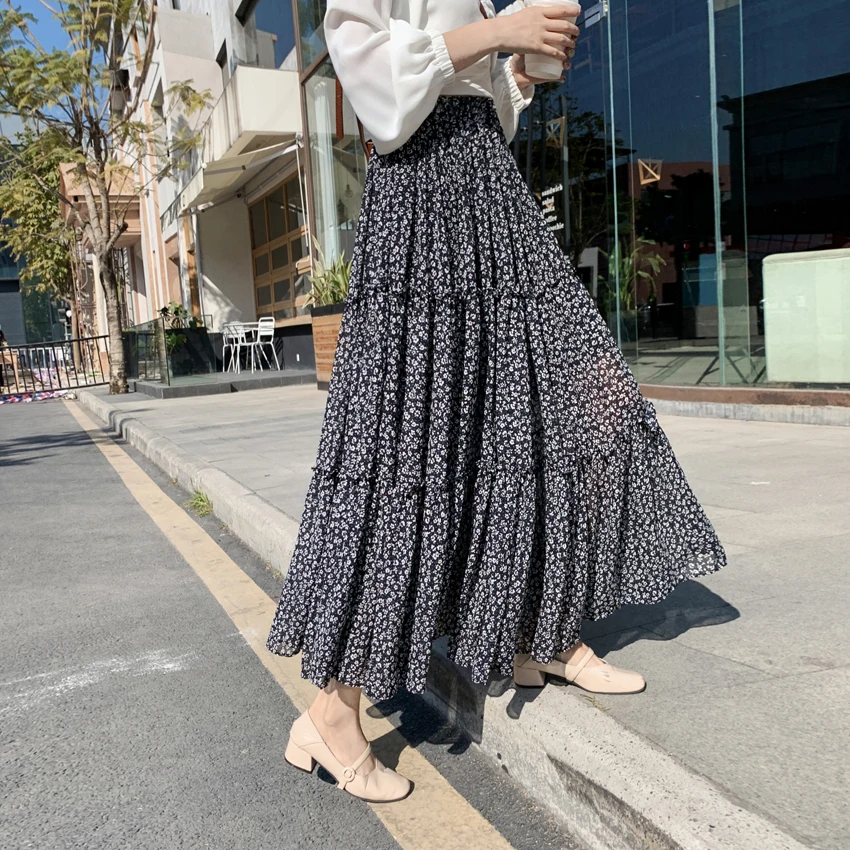 

Шифоновые Лоскутные трапециевидные длинные юбки с цветочным принтом в Корейском стиле