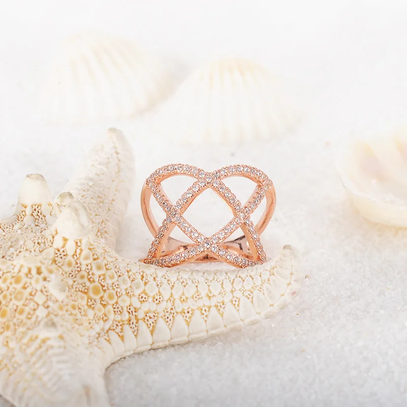 Новый преувеличенный двойной крест X формы для женщин кольцо из розового цвета: