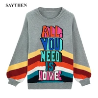 saythen winter new candy color contrast letter jacquard sweater spliced pullover female gray base streetwear sweater ys12229