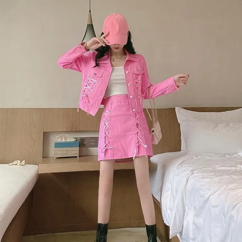 2021 Spring Autumn Women Korean Fashion Two-piece Set Bandage Short PU  Jacket + High Waist Leather Skirt Two-pieces Suit Y297
