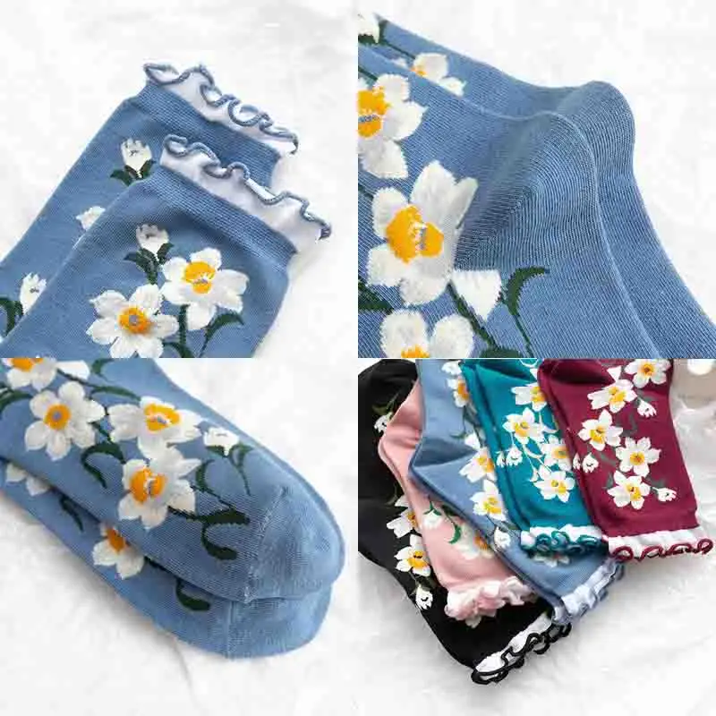

Korean Floral Socks Women Fashion Sweet Harajuku Ruffled Middle Tube Socks Girls Casual Breathable Cute Lovely Cotton Socks